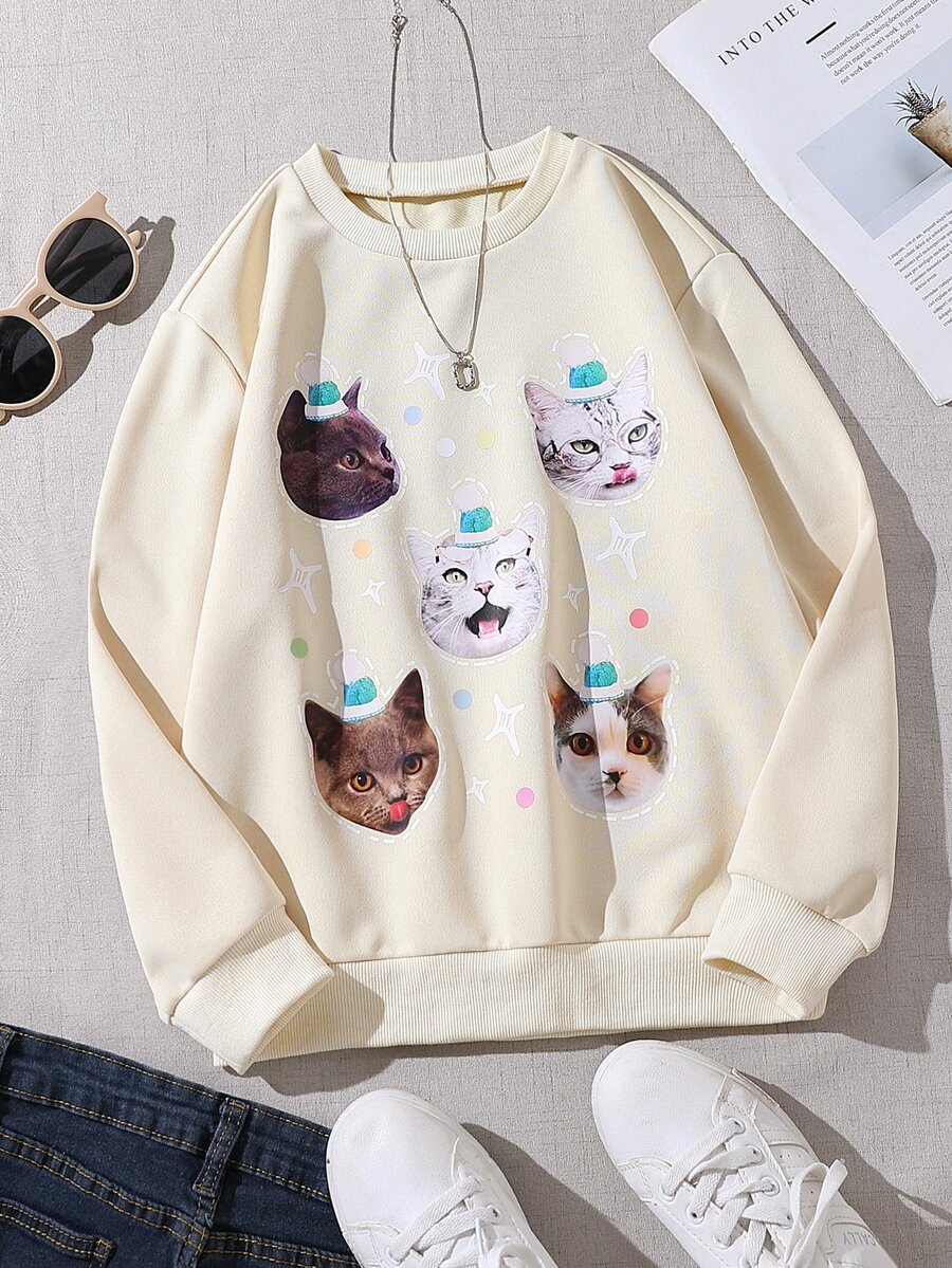Girls Cat Print Sweatshirt - Apricot - View 1