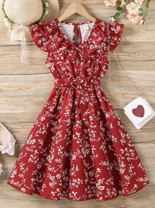 Vestido Con Estampado Floral Para Niña Tween Con Adorno De Volantes En El Borde Y Cinturón - Burdeos - Ver 6