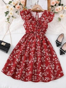 Vestido Con Estampado Floral Para Niña Tween Con Adorno De Volantes En El Borde Y Cinturón - Burdeos - Ver 1