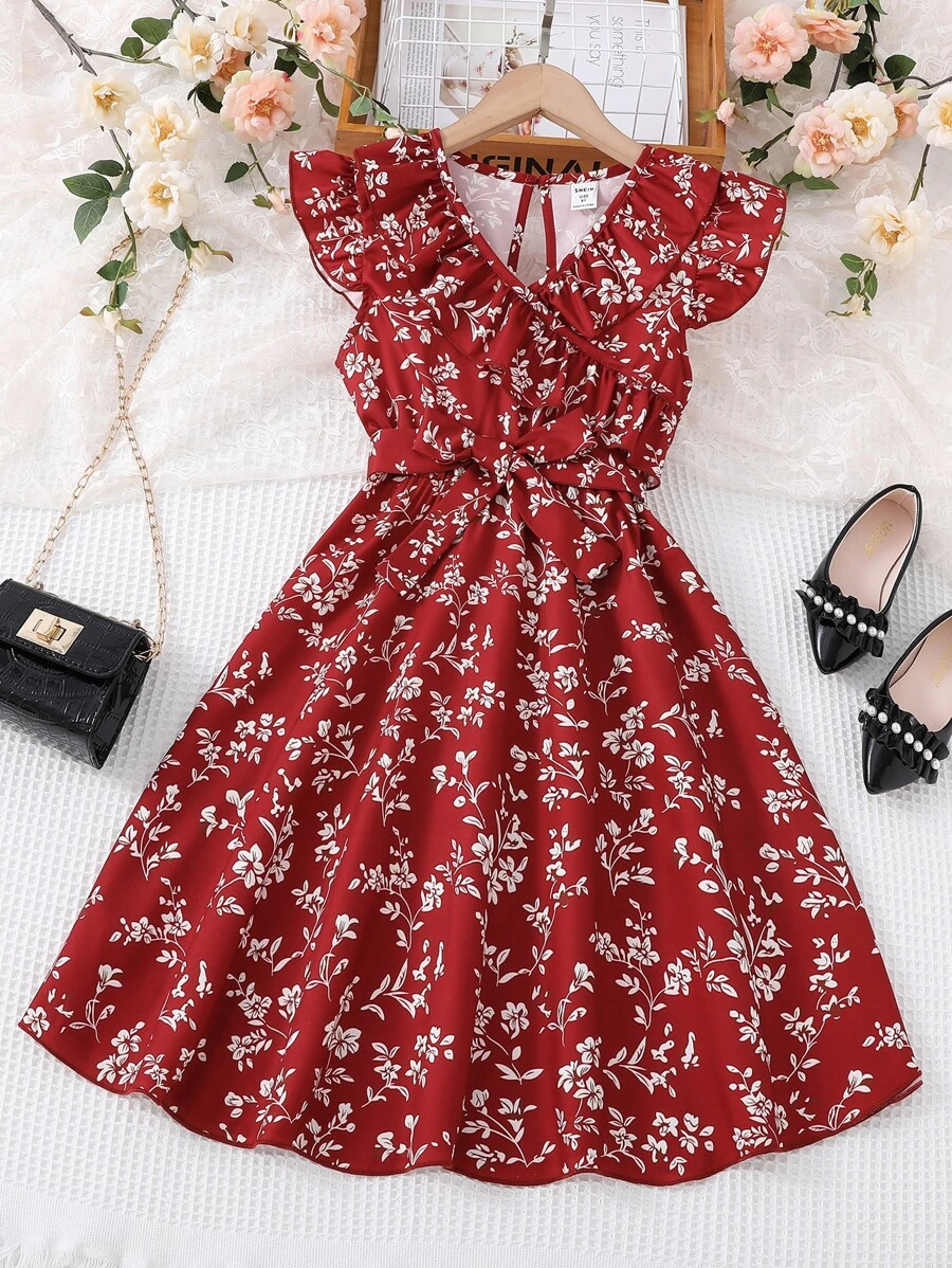 Vestido Con Estampado Floral Para Niña Tween Con Adorno De Volantes En El Borde Y Cinturón - Burdeos - Ver 1