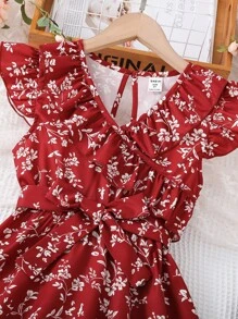 Vestido Con Estampado Floral Para Niña Tween Con Adorno De Volantes En El Borde Y Cinturón - Burdeos - Ver 4