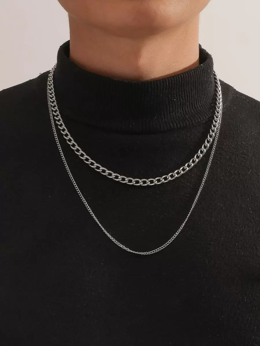 Thời trang và phổ biến 2 chiếc vòng cổ dây chuyền nam tối giản bằng thép không gỉ để làm quà tặng trang sức và cho vẻ ngoài sành điệu - Bạc - Xem 1