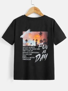 SHEIN Boys Coconut Tree & Slogan Graphic Tee - Black - View 1