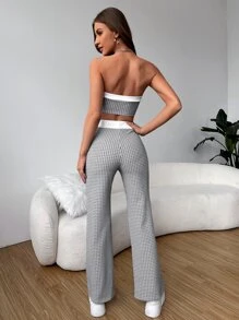SHEIN EZwear 格紋印花拼接邊抹胸上衣和褲子 - 黑與白 - 查看 2