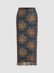 SHEIN MOD Sun Print Lettuce Trim Skirt - Multicolor - View 1