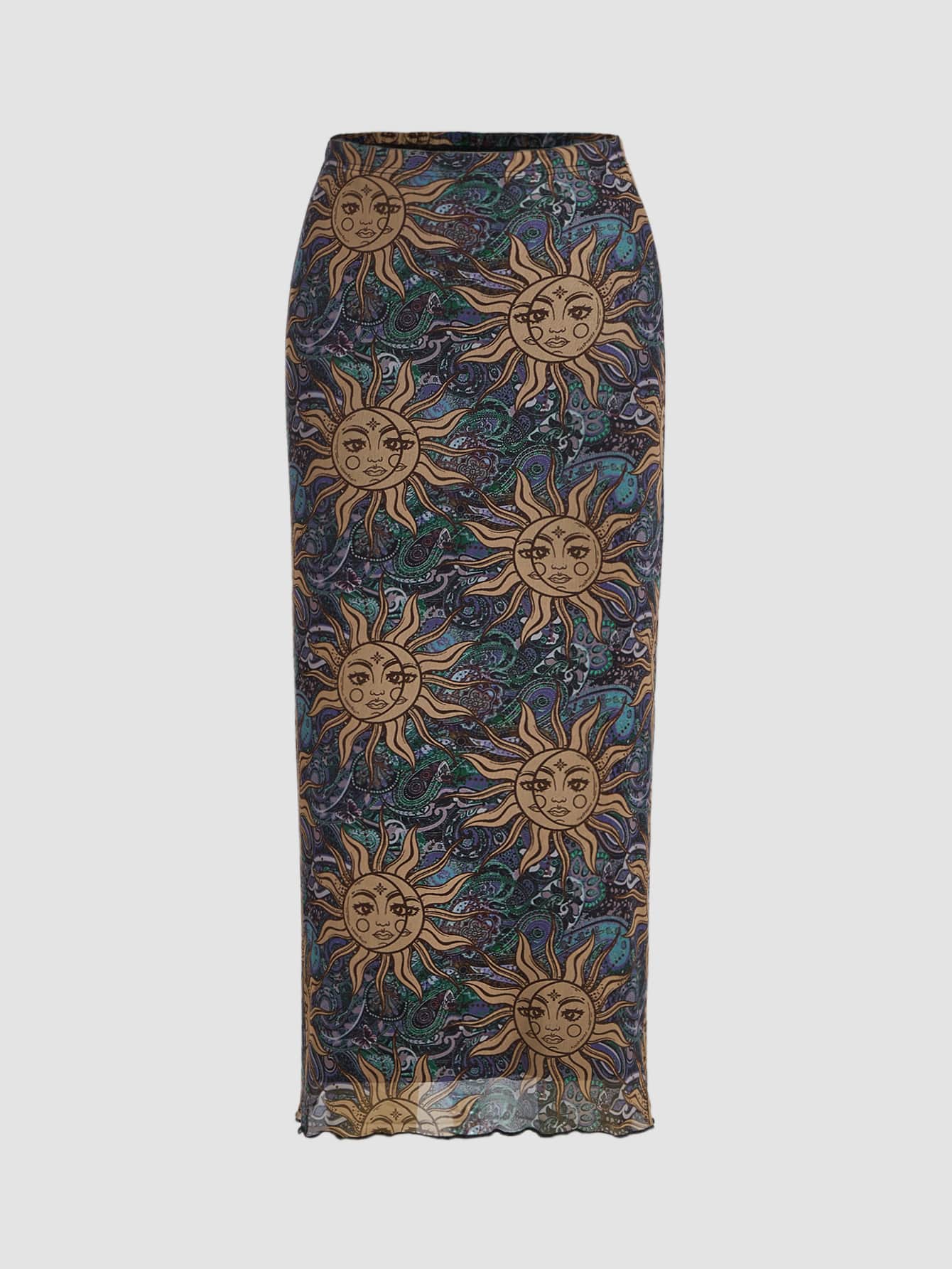 SHEIN MOD Sun Print Lettuce Trim Skirt - Multicolor - View 1