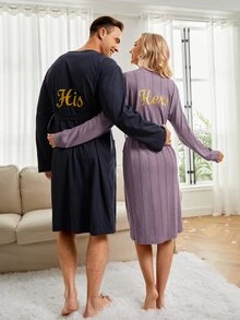 Hombres 1 pieza Bata con cinturón con bordado de letra - Azul Marino - Ver 2