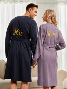 Hombres 1 pieza Bata con cinturón con bordado de letra - Azul Marino - Ver 3