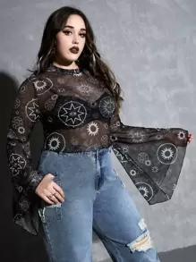 ROMWE Goth Plus Sun & Eye Print Trumpet Sleeve Mesh Top Without Bra - Black - View 1