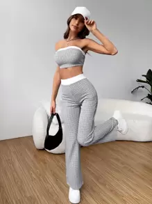 SHEIN EZwear 格紋印花拼接邊抹胸上衣和褲子 - 黑與白 - 查看 5