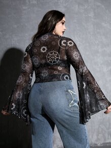 ROMWE Goth Plus Sun & Eye Print Trumpet Sleeve Mesh Top Without Bra - Black - View 2