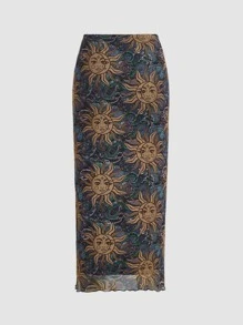 SHEIN MOD Sun Print Lettuce Trim Skirt - Multicolor - View 2