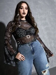 ROMWE Goth Plus Sun & Eye Print Trumpet Sleeve Mesh Top Without Bra - Black - View 4