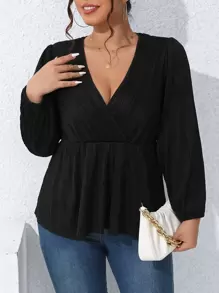 Calvaya Plus Surplice Neck Lantern Sleeve Peplum Tee - Black - View 1