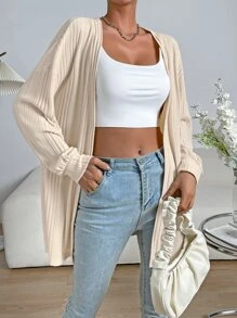 SHEIN EZwear Abrigo de hombros caídos con parte delantera abierta tejido de canalé - Albaricoque - Ver 1