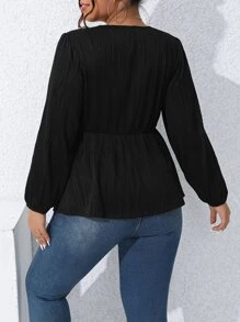 Calvaya Plus Surplice Neck Lantern Sleeve Peplum Tee - Black - View 2