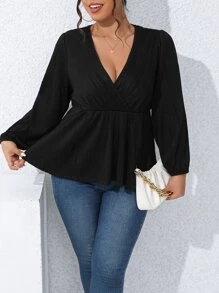 Calvaya Plus Surplice Neck Lantern Sleeve Peplum Tee - Black - View 3