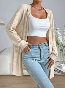 SHEIN EZwear Abrigo de hombros caídos con parte delantera abierta tejido de canalé - Albaricoque - Ver 3