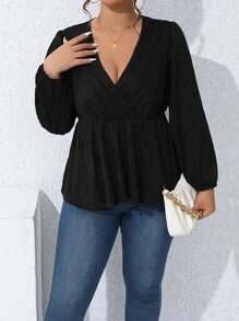 Calvaya Plus Surplice Neck Lantern Sleeve Peplum Tee - Black - View 4