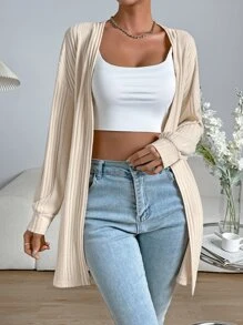 SHEIN EZwear Abrigo de hombros caídos con parte delantera abierta tejido de canalé - Albaricoque - Ver 4