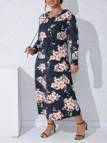 SHEIN Holidaya Vestido sudadera con cordón y estampado floral de talla grande - Multicolor - Ver 4