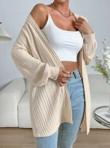 SHEIN EZwear Abrigo de hombros caídos con parte delantera abierta tejido de canalé - Albaricoque - Ver 5