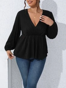 Calvaya Plus Surplice Neck Lantern Sleeve Peplum Tee - Black - View 6