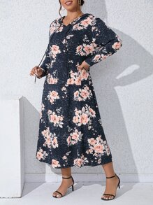 SHEIN Holidaya Vestido sudadera con cordón y estampado floral de talla grande - Multicolor - Ver 6