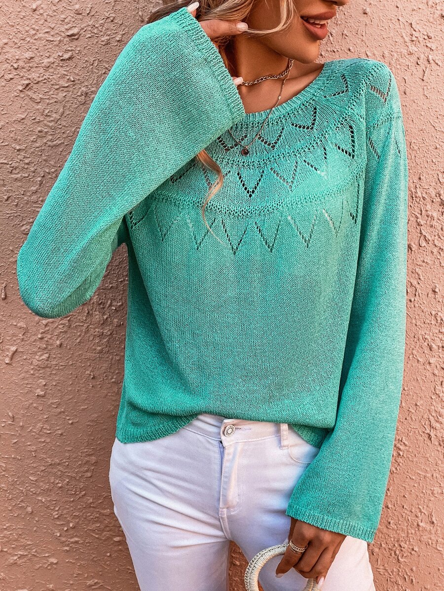 SHEIN LUNE Jersey de punto de malla de manga raglán - Azul menta - Ver 1