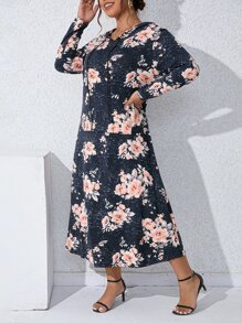 SHEIN Holidaya Vestido sudadera con cordón y estampado floral de talla grande - Multicolor - Ver 7