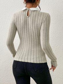 SHEIN Privé 拼接領條紋針織T恤 - 卡其色 - 查看 2