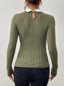 SHEIN Privé Contrast Collar Ribbed Knit Keyhole Back Tee - Army Green - View 2