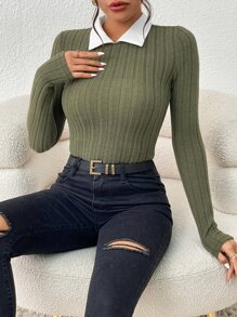 SHEIN Privé Contrast Collar Ribbed Knit Keyhole Back Tee - Army Green - View 3