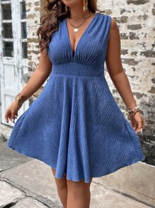 SHEIN Holidaya Plus Plunge Neck A-line Dress - Blue - View 5
