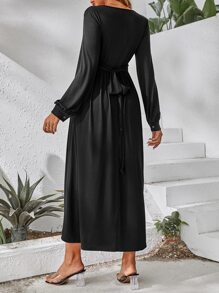 SHEIN Maternity Surplice Neck Ruched Tie Back Nursing Dress - Black - View 2