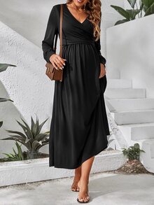 SHEIN Maternity Surplice Neck Ruched Tie Back Nursing Dress - Black - View 6