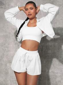 SHEINNeu 1pc Drop Shoulder Zipper Crop Sports Jacket - White - View 2