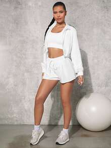 SHEINNeu 1pc Drop Shoulder Zipper Crop Sports Jacket - White - View 6