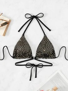 Hollow Out Halter Triangle Bikini Top - Black - View 3