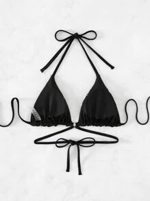 Hollow Out Halter Triangle Bikini Top - Black - View 2