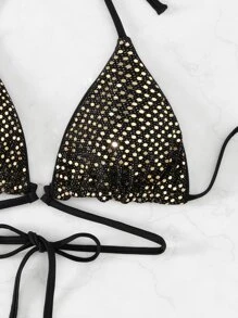 Hollow Out Halter Triangle Bikini Top - Black - View 5