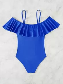 SHEIN Swim 羅紋荷葉邊連體泳衣 - 寶藍色 - 查看 2