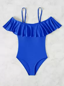 SHEIN Swim 羅紋荷葉邊連體泳衣 - 寶藍色 - 查看 3
