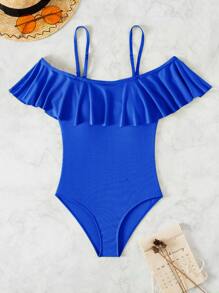 SHEIN Swim 羅紋荷葉邊連體泳衣 - 寶藍色 - 查看 6