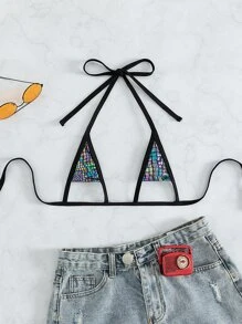 Swim SXY Summer Holographic Cut Out Halter Micro Triangle Bikini Top - Black - View 5