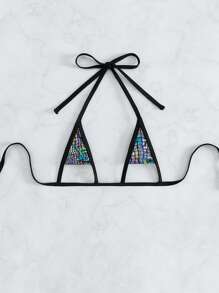 Swim SXY Summer Holographic Cut Out Halter Micro Triangle Bikini Top - Black - View 3