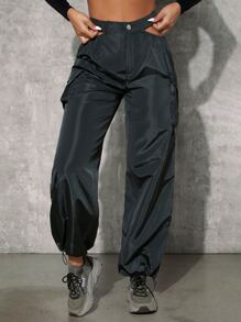 SHEINNeu Cut Out Waist Flap Pocket Drawstring Hem Cargo Trousers - Dark Grey - View 1