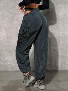 SHEINNeu Cut Out Waist Flap Pocket Drawstring Hem Cargo Trousers - Dark Grey - View 2