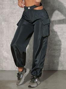 SHEINNeu Cut Out Waist Flap Pocket Drawstring Hem Cargo Trousers - Dark Grey - View 4