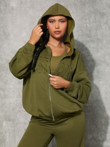SHEINNeu Embroidery Letter Drop Shoulder Zip Up Hoodie - Olive Green - View 1